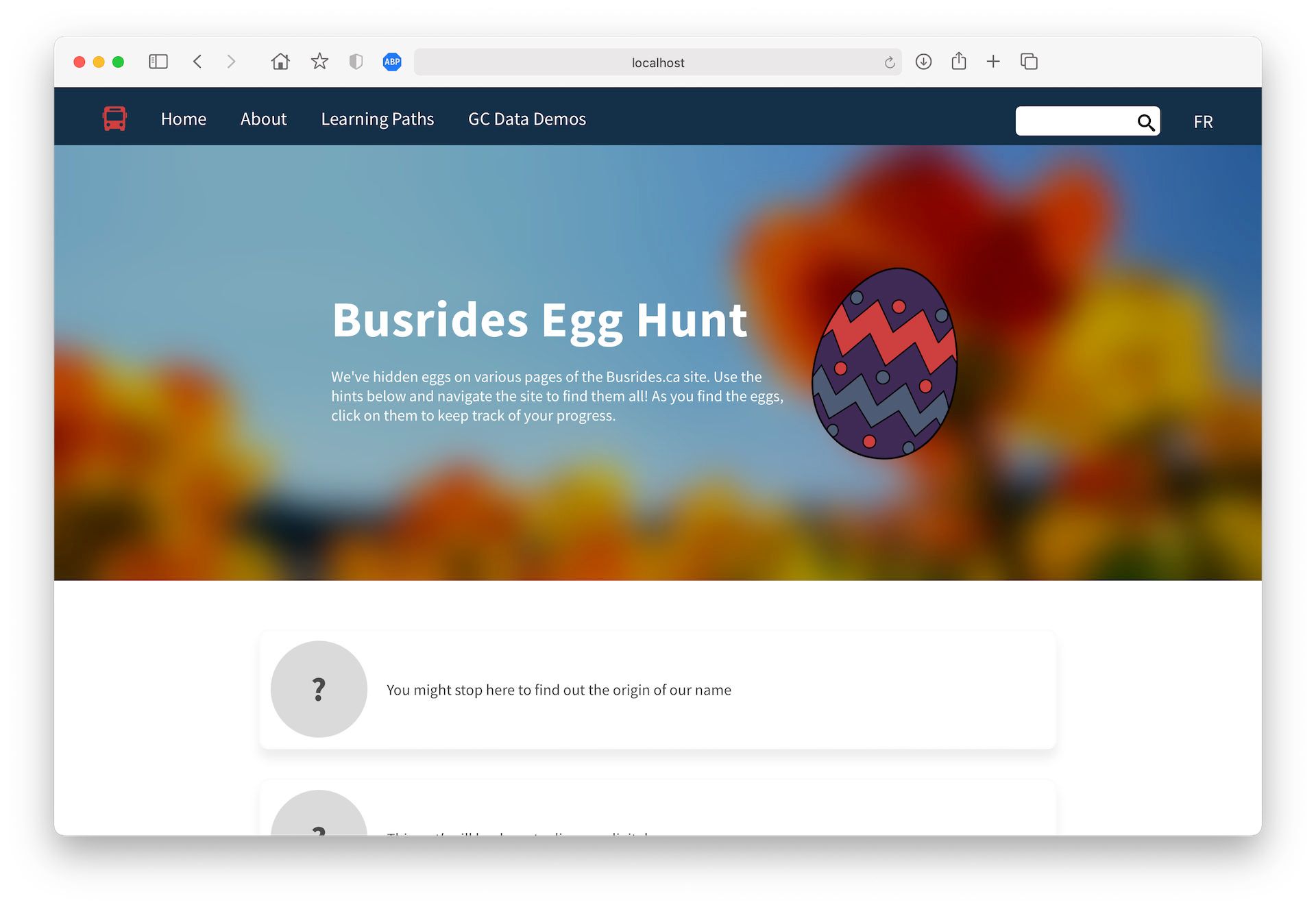 A screenshot of the Busrides Egg Hunt page