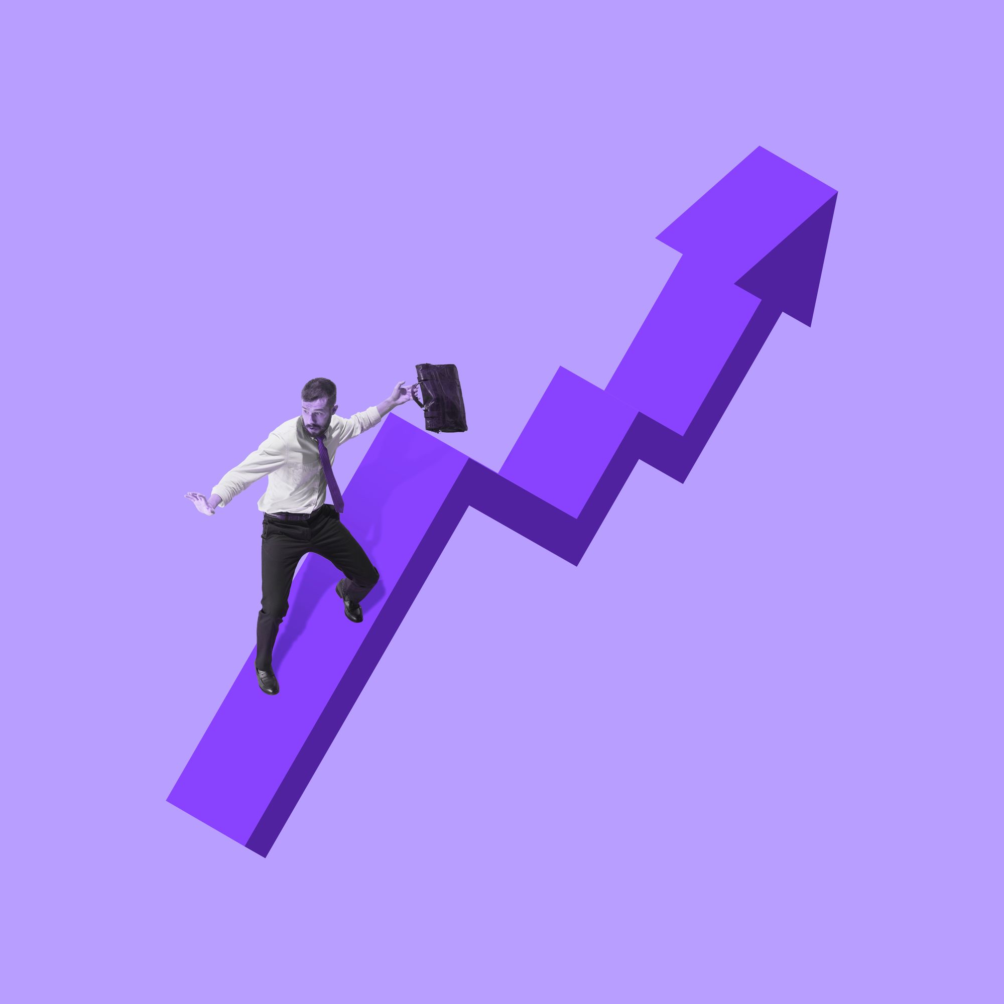 Image of a person with a briefcase sliding down a three-dimensional rising graph arrow.