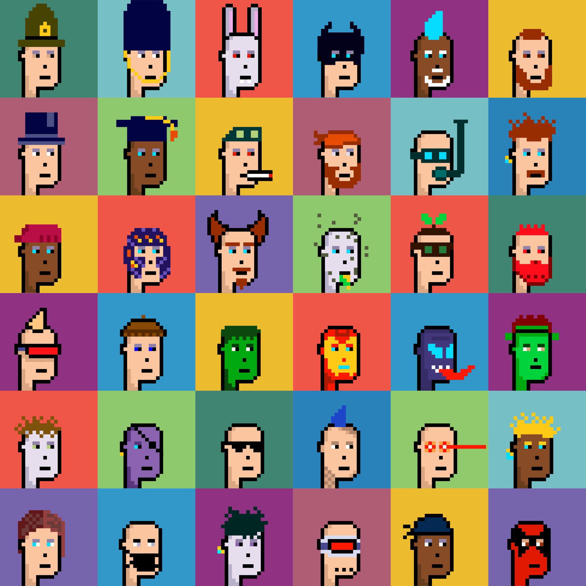 Collection of CryptoPunk NFT characters with multi-coloured backgrounds.