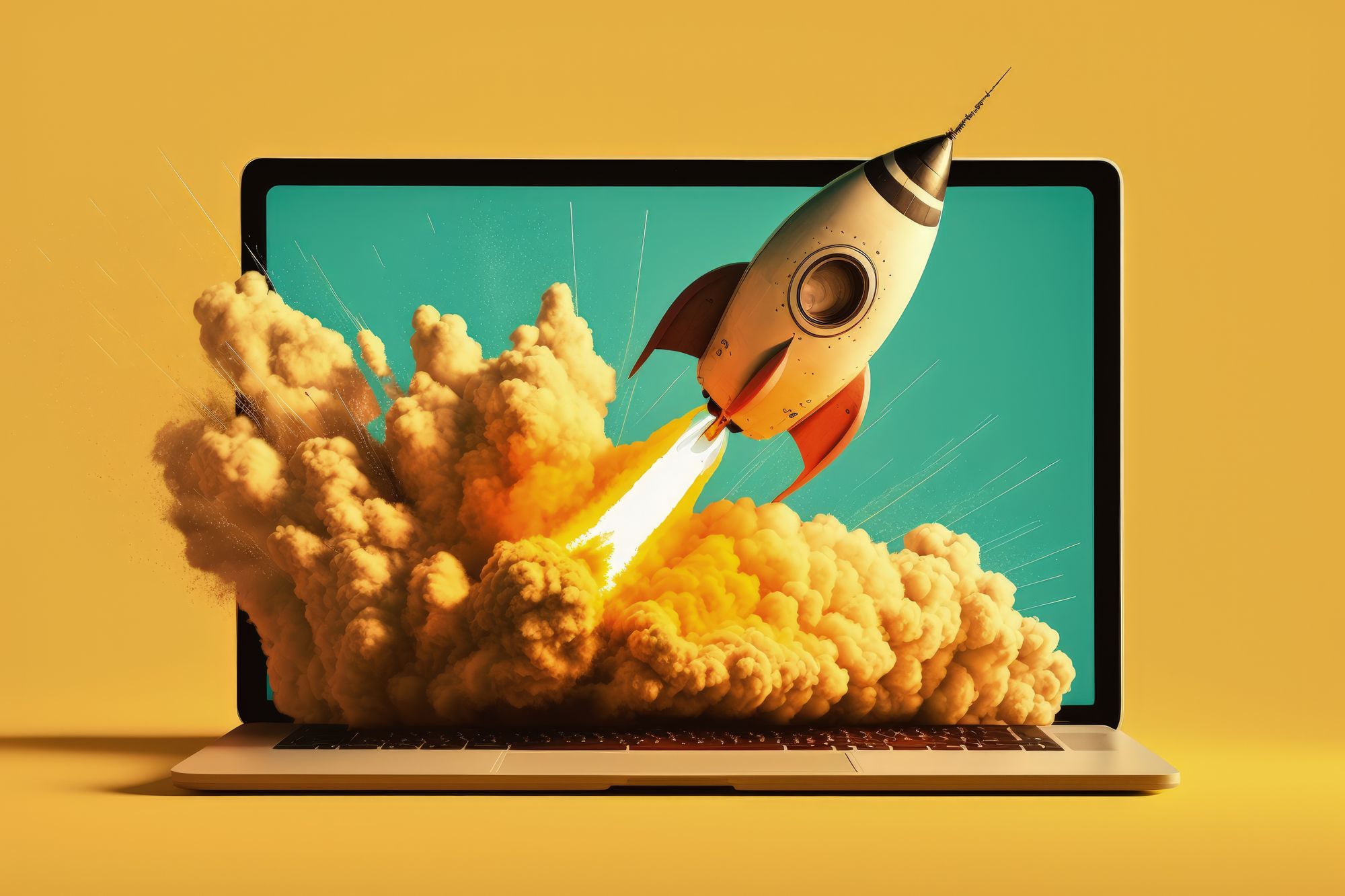 Une fusée en décollage traverse un ordinateur portable, sur toile de fond jaune. 
