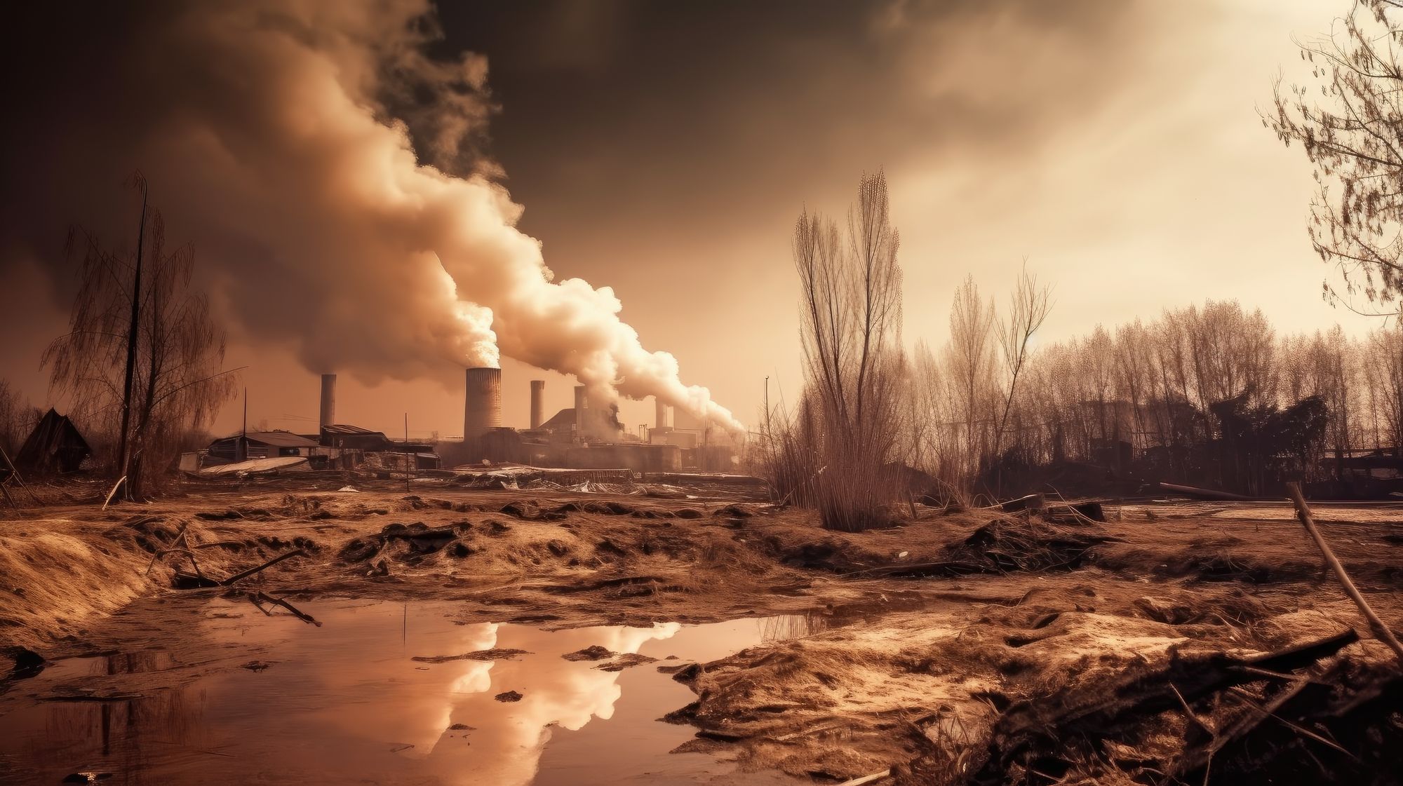 Degraded landscape with a factory in the background emitting fumes. 