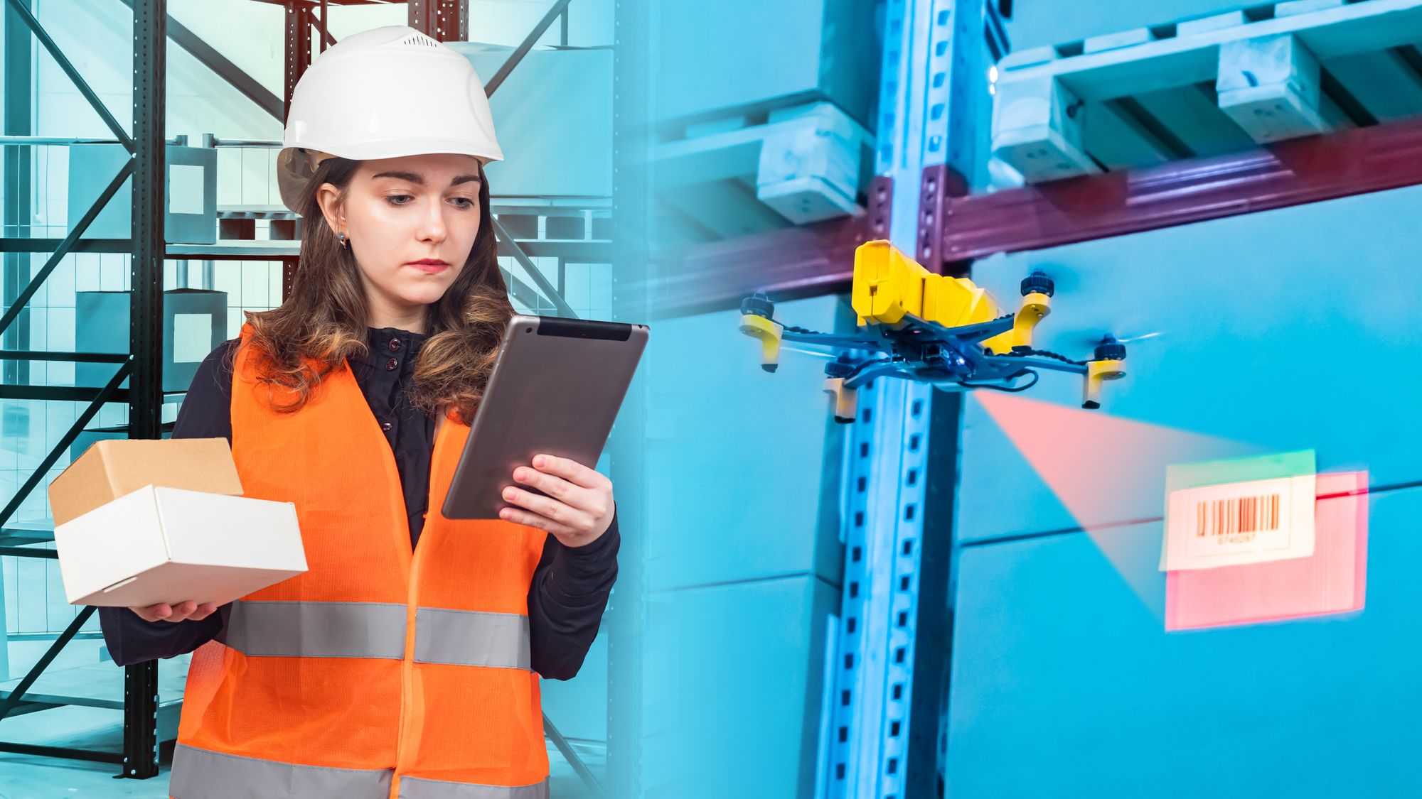 Person holding two boxes in her right hand and looks at a tablet held in her left hand, while a yellow drone flies to her left and scans a barcode in an automated warehouse.   