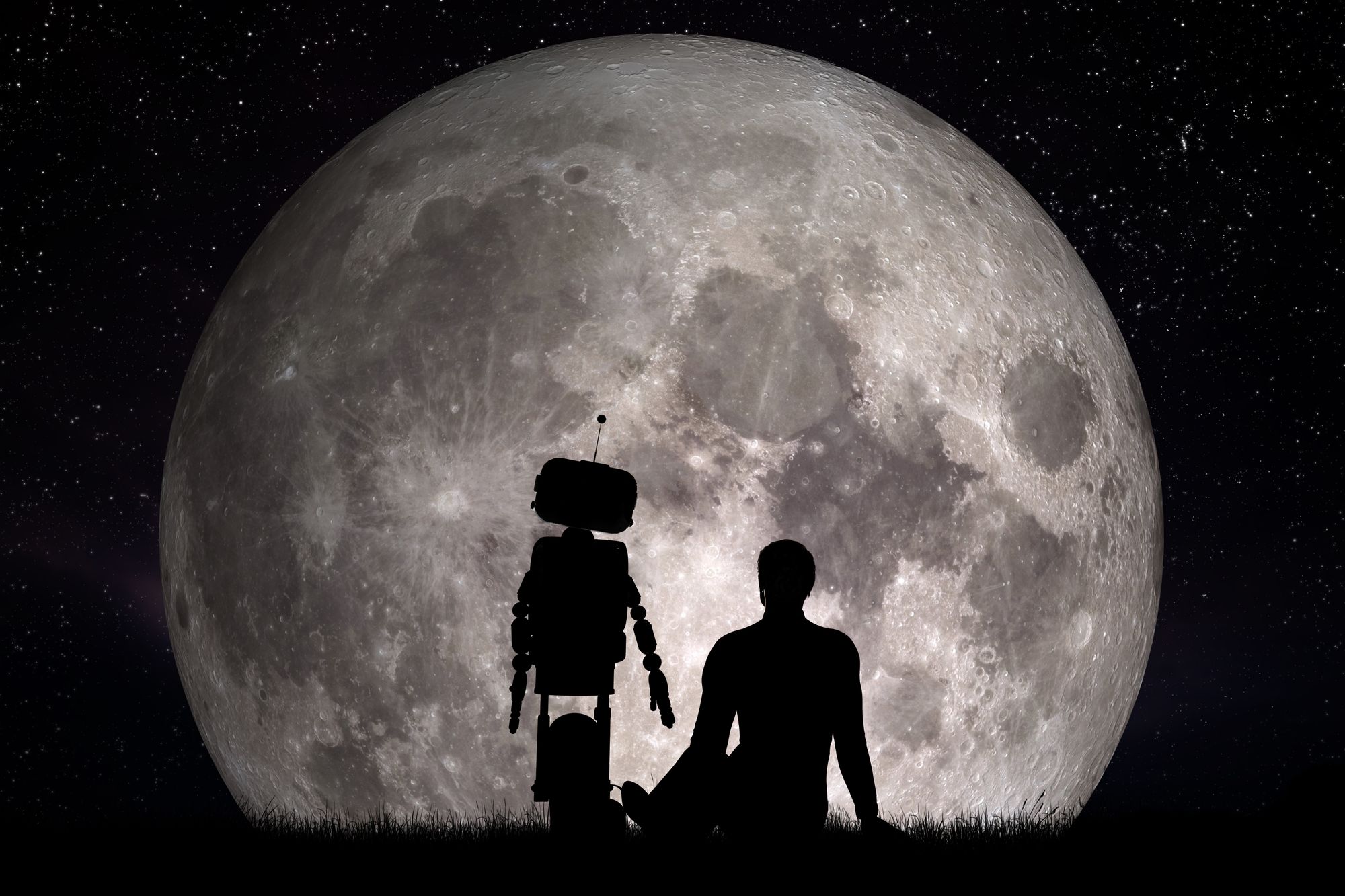 A person and a robot silhouetted against the full moon. 