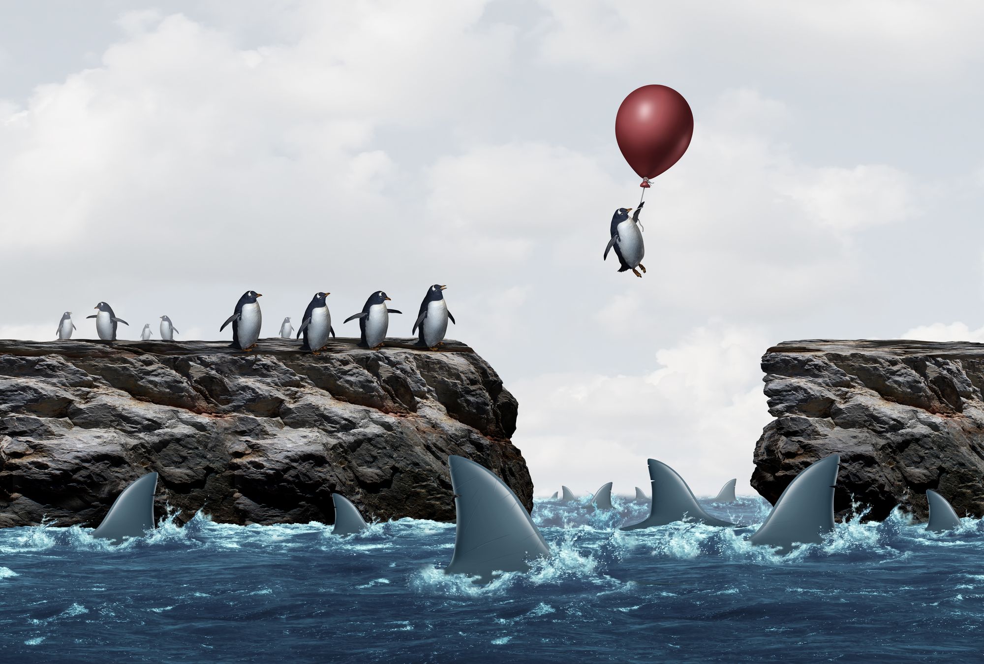 Pingouin suspendu à un ballon rouge flottant d’une falaise à l’autre au-dessus d’une mer pleine de requins. 