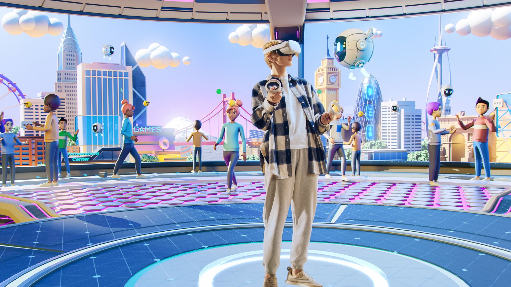 A user wearing a virtual reality headset and holding controllers is immersed in an animated virtual city environment.