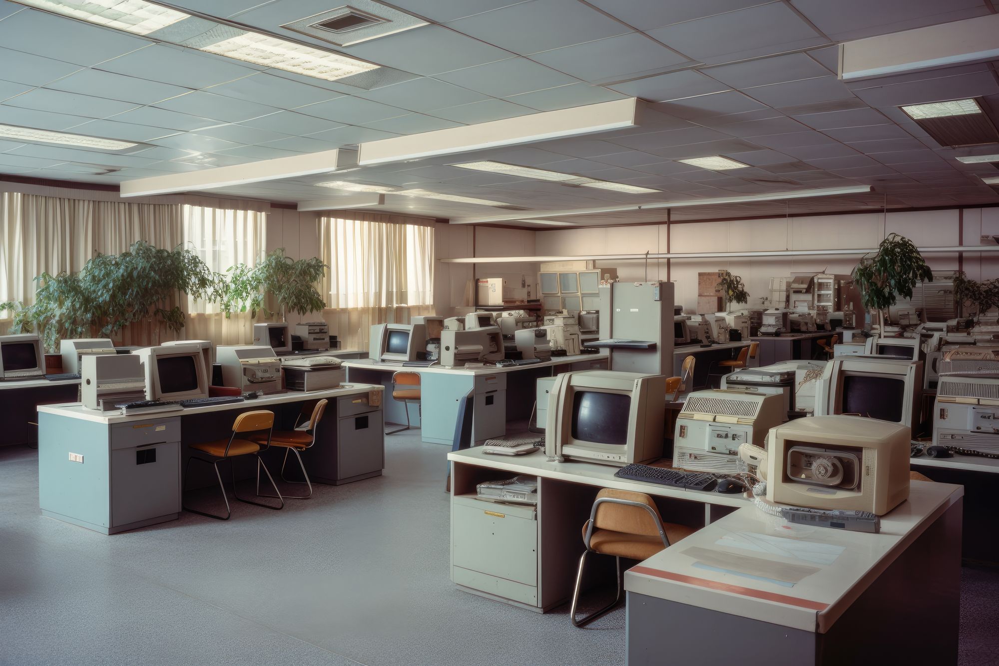 1980s style office interior with vintage computers, desks and plants.  