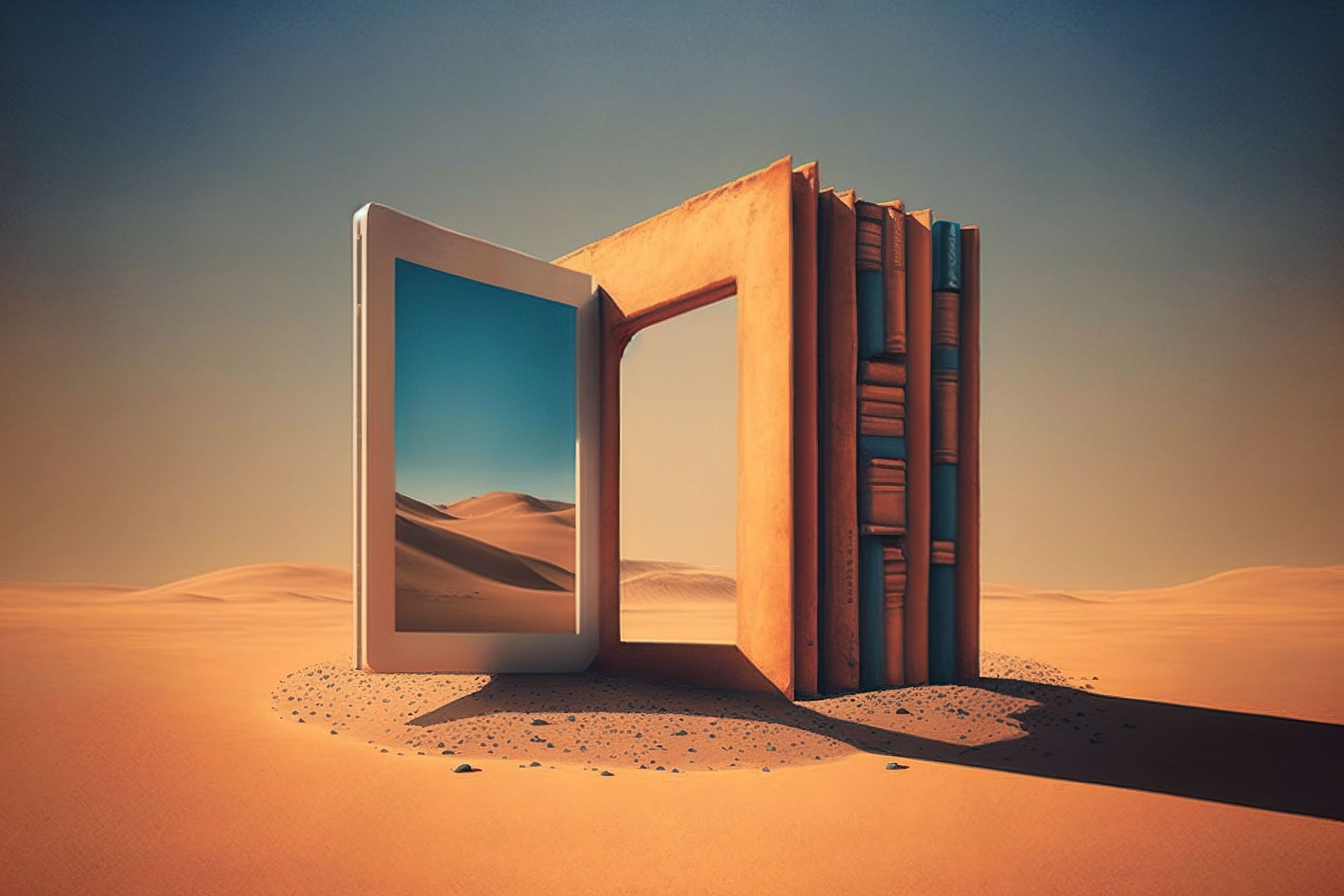 Une illustration conceptuelle qui représente l’accès restreint à la technologie et à l’information. L’image montre un paysage désertique sur lequel se découpe une arche composée de livres et d’une tablette électronique qui lui tient lieu de porte. 