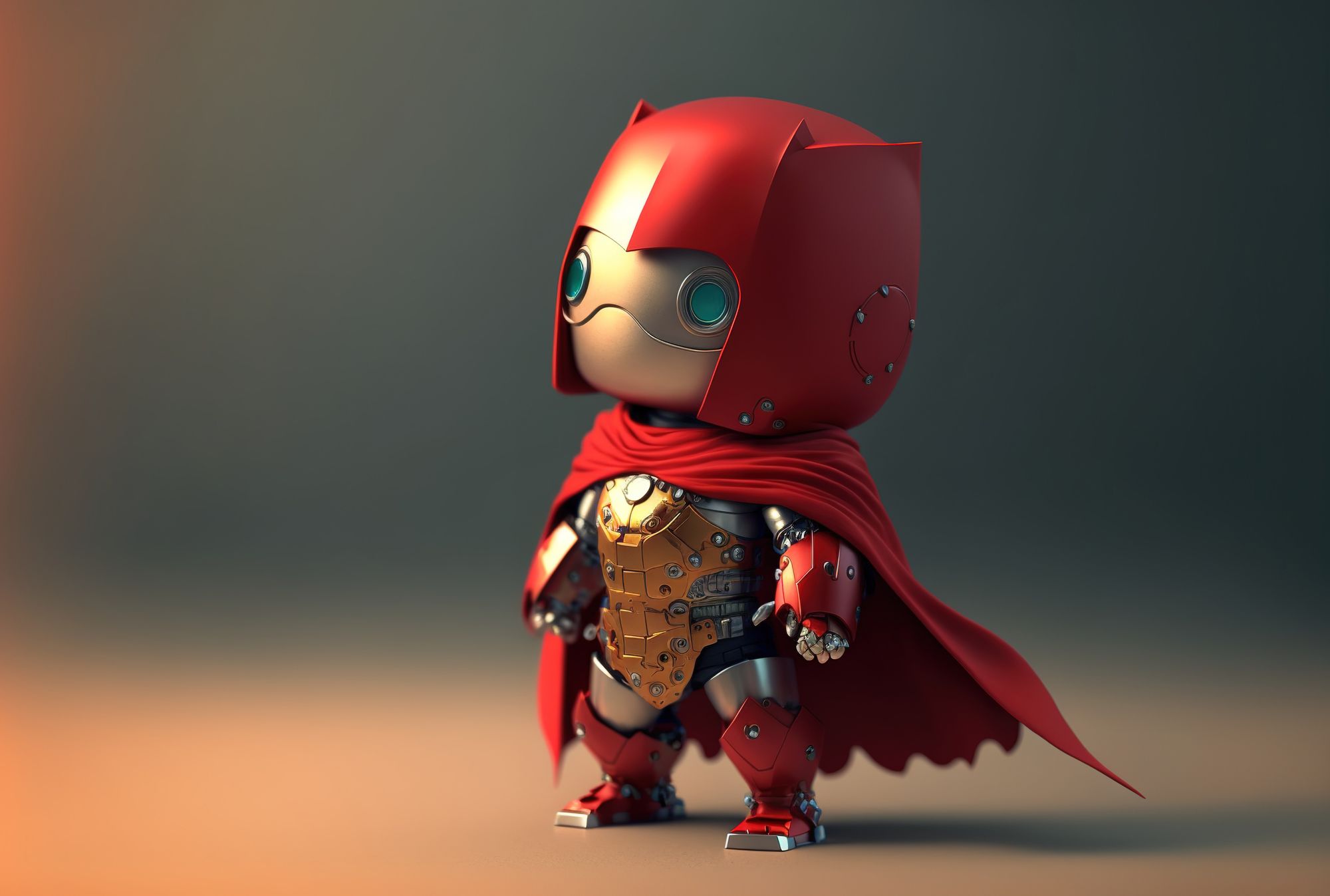 Small robot wearing a gold breastplate along with a red cape, helmet and boots. 