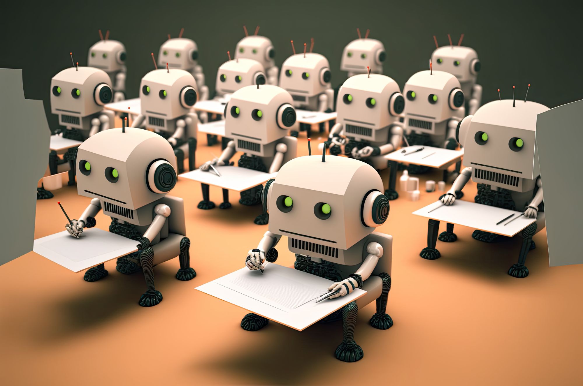 Animated concept of a room filled with identical robots writing at desks.