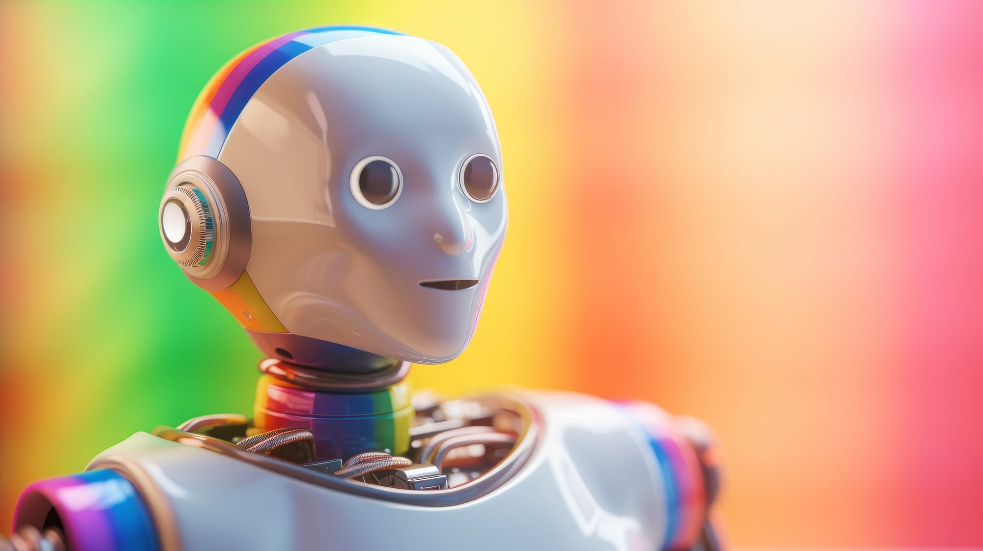 Robot with a pride flag skin in front of a blurred background of pride colours. 