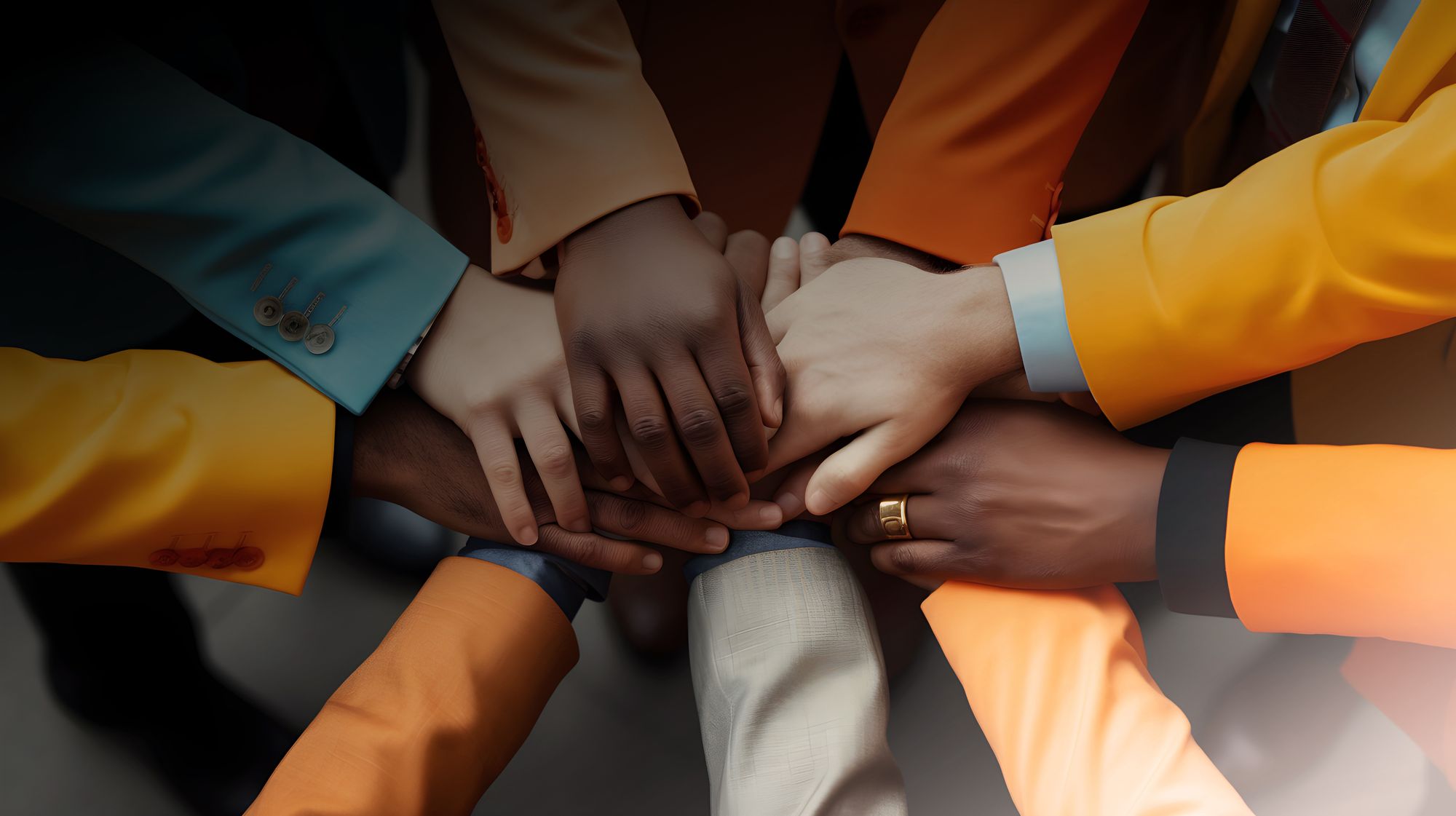 A group of people putting their hands on top one another.