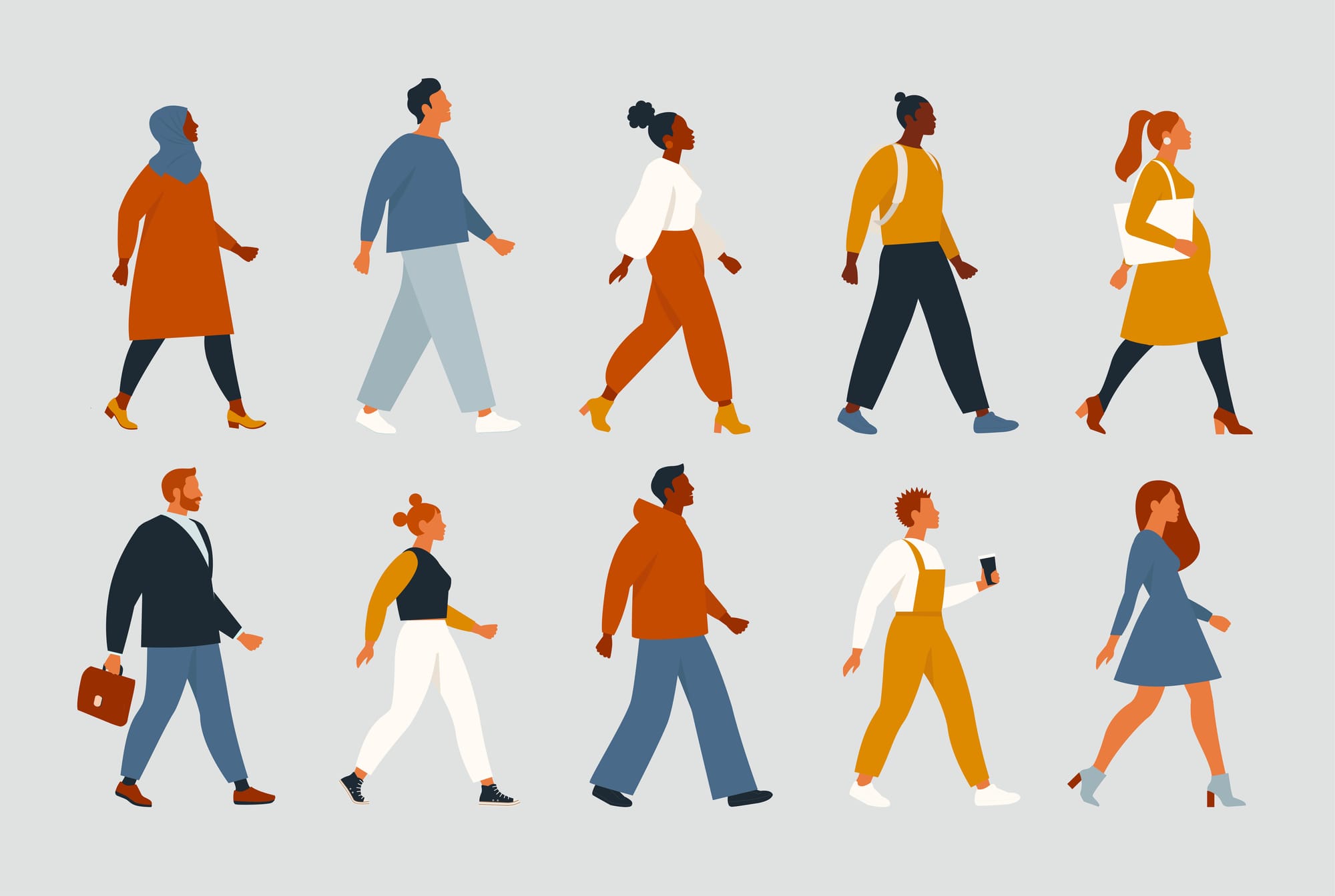 Illustration of ethnically diverse people walking in the same direction.  