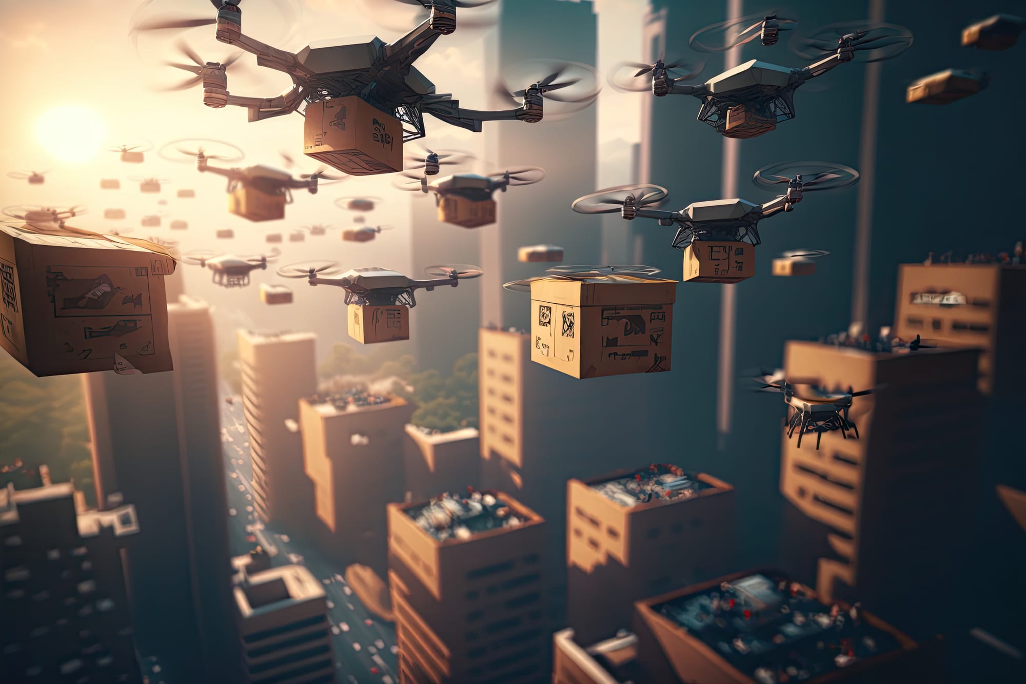 A swarm of flying delivery drones delivering packages across a cityscape.