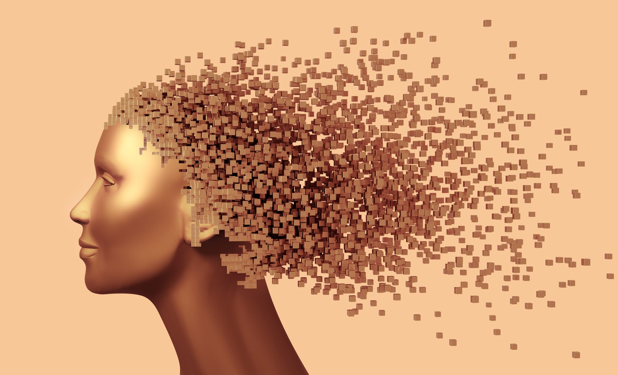 Tête d’une femme en bronze dont les cheveux sont constitués de pixels en trois dimensions. 