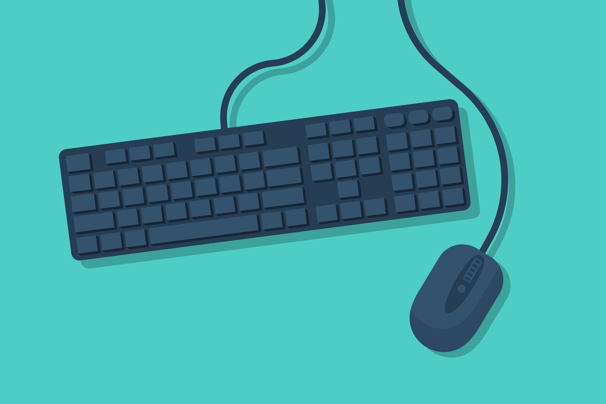 Clavier d’ordinateur et souris sur fond turquoise.