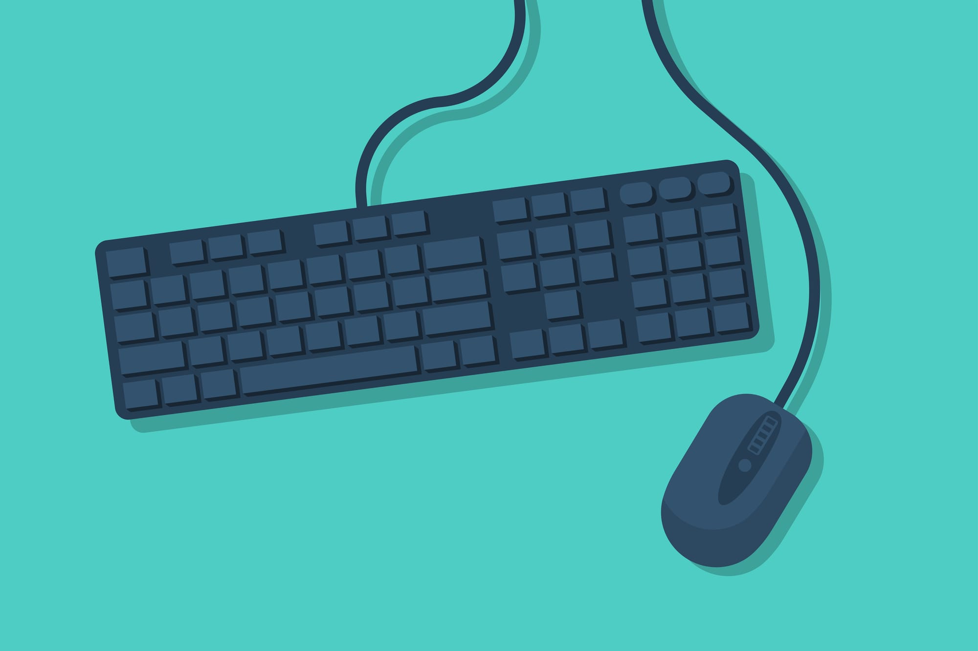An illustration of a computer keyboard and a mouse on a blue background. 
