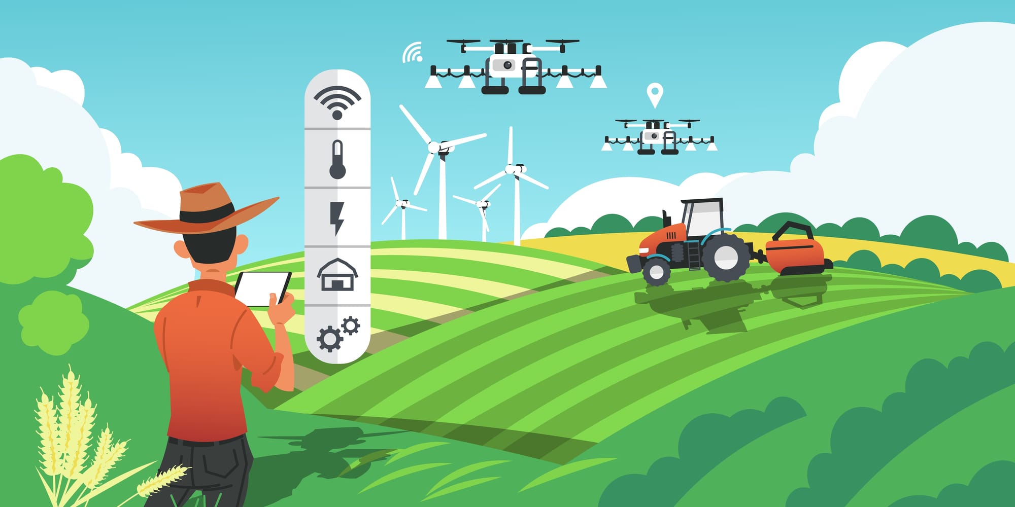 Dessin d’une ferme intelligente et d’un agriculteur qui utilise une tablette pour surveiller les conditions du sol et vérifier le bon fonctionnement de son équipement et de ses outils agricoles, notamment des drones et un tracteur.