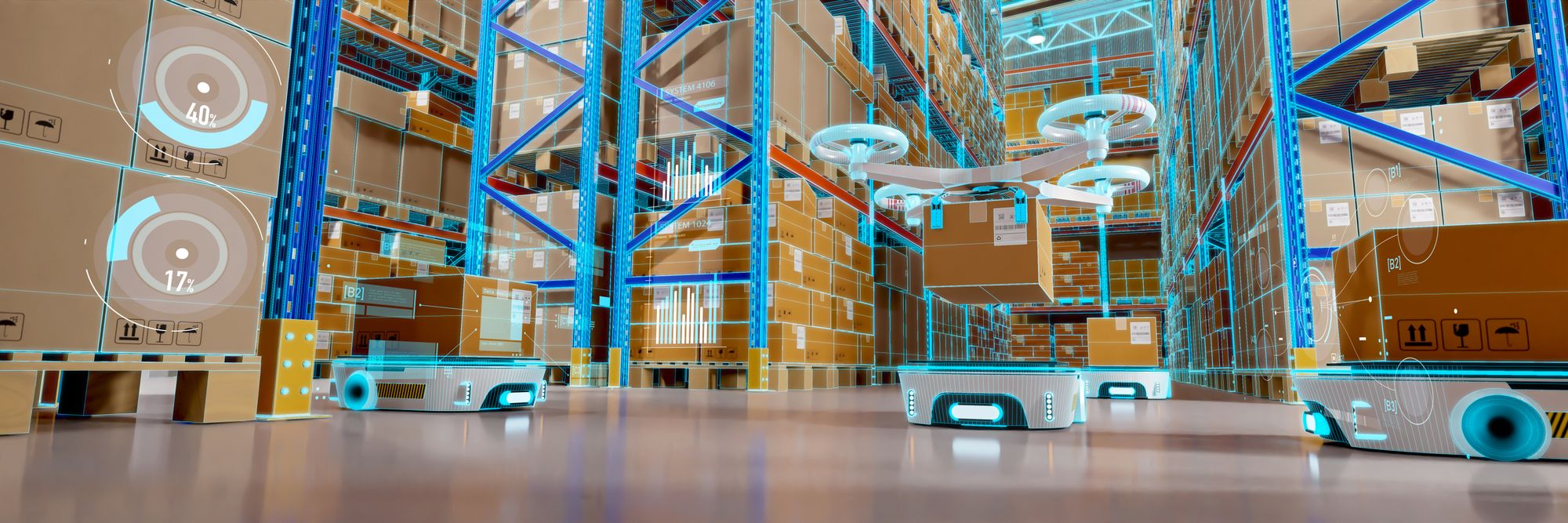 Smart warehouse with drones are picking up packages and placing them on autonomous ground-based robots for transportation. 