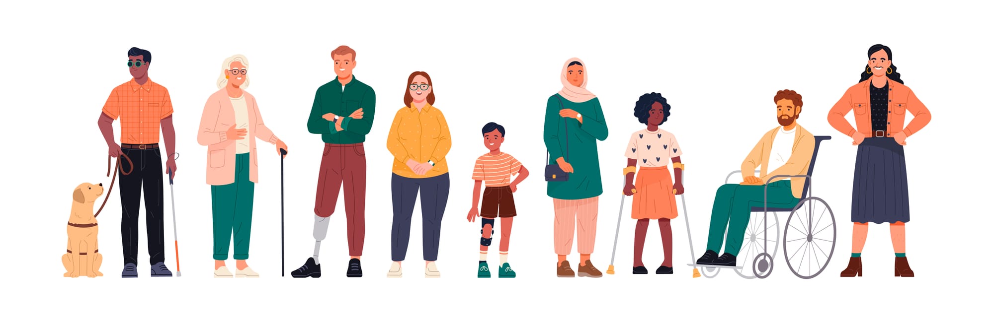 Nine people of diverse genders, abilities, ages, and sizes side by side.