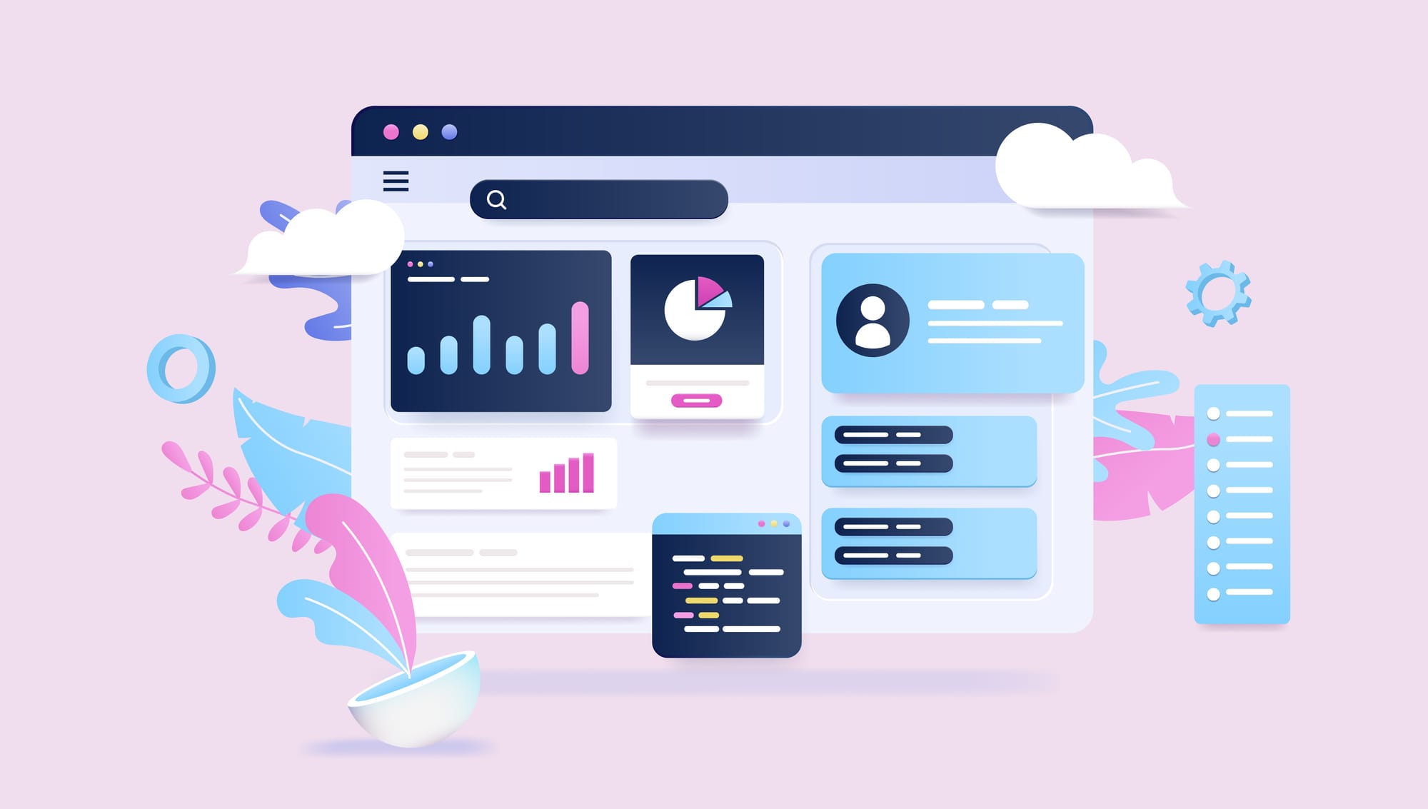 Abstract vector illustration of browser window with financial graphs, charts and diagrams.