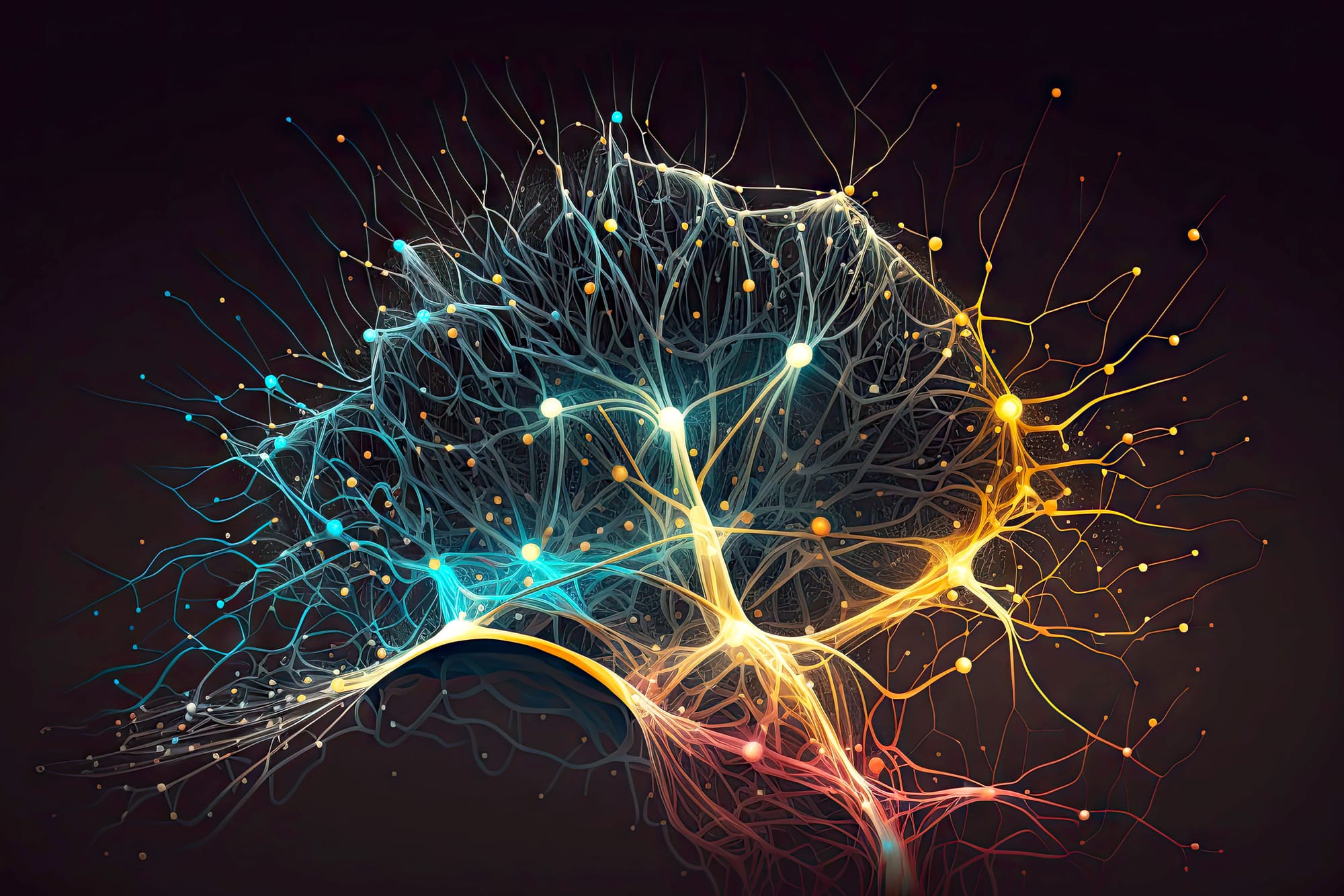 A representation of neural networks consisting of different neurons and connections, shaped like the human brain.