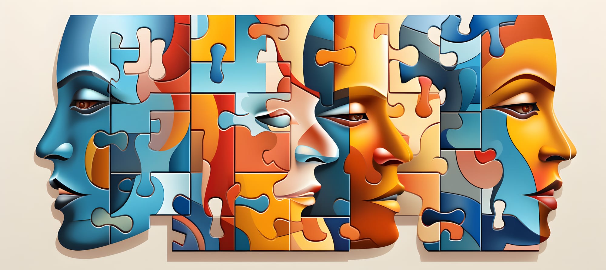 Four diverse human faces made up of colourful puzzle pieces. 