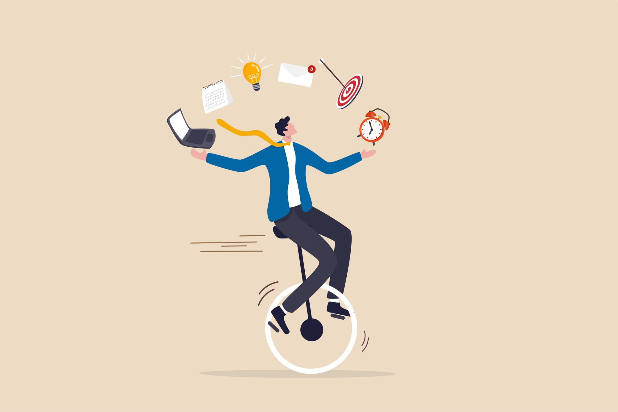 A person balancing on a unicycle juggling a light bulb, a laptop, an envelope, a calendar, a clock and a target.