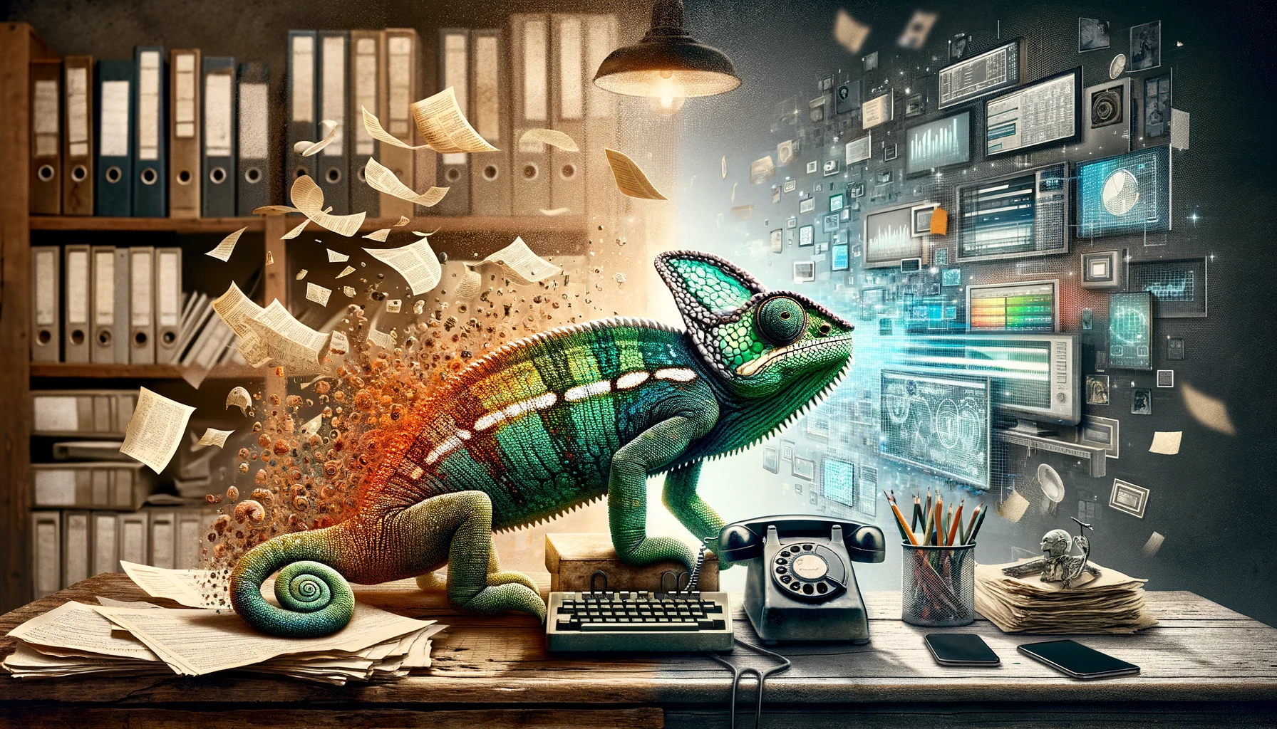 Retro office that transitions into a collage of modern digital technology with a chameleon standing on a desk. 