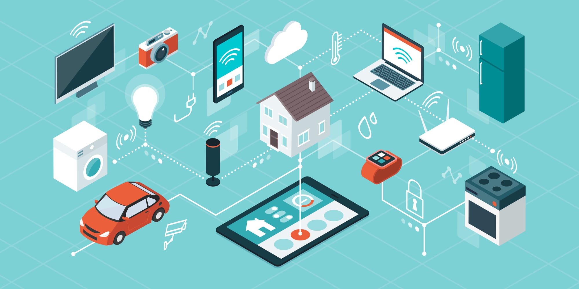 Smart home devices connected through the Internet of Things. 