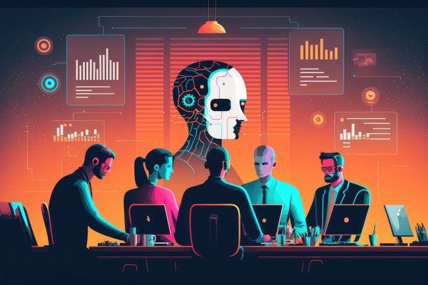 Animated concept of a group of people meeting to discuss generative artificial intelligence.