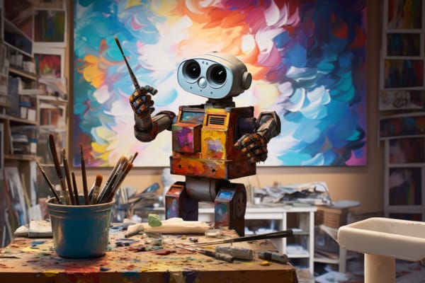 A robot holding a paintbrush in an art room and standing in front of a large colourful canvas.